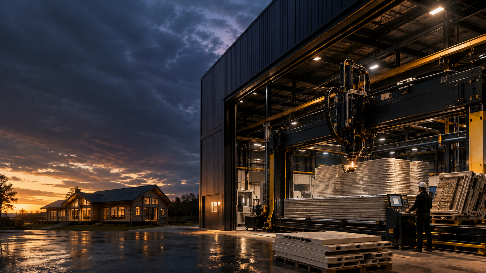 Wave 3D facility at dusk with a large-format additive manufacturing gantry printing wall panels beside a log-style home
